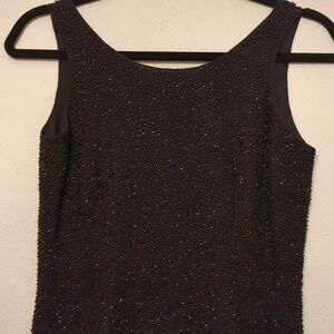 Cache Vintage formal black beaded sheath silk mini dress party Holiday night out